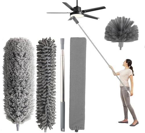 5 Pezzi Spolverino per Polvere, Piumini Cattura Polvere Microfibra Allungabile Lungo 87-280 cm Lavabile, Spolverino Telescopico, Bastone Telescopico per Pulizia Tetti Interni, Ventilatori a Soffitto