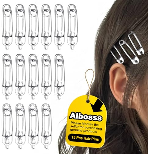 15 Pcs Hair Pins Hair Clips Alloy Safety Pin Shape Hairpin Barrettes Goth Hair Pins Set Hairdressing Tool Hair Accessories (Silver)