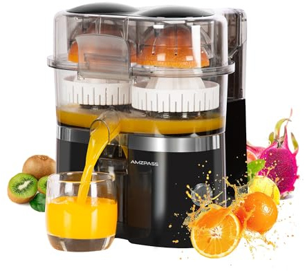 Amzpass Dual-Head Electric Citrus Juicer, Lemon Squeezer with Power Cord and Cleaning Brush, 1-Button Automatic Juicer Machine for Orange, Lemon, Lime, Easy to Clean & Use, Built-in Cutter(Black)