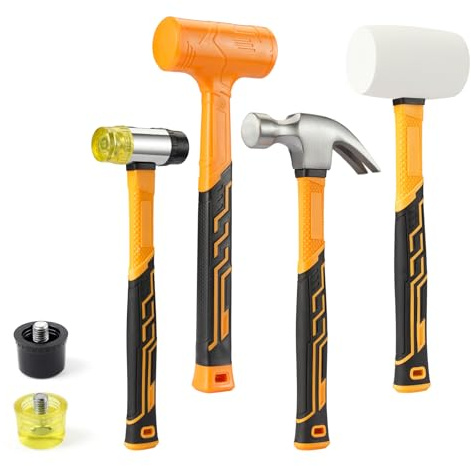 MSLANE Hammer Set 4-Piece with Fiberglass Handle,1LB Dead Blow Hammer,16oz White Rubber Mallet,35mm Double-Faced Soft Mallet,16oz Claw Hammer for Flooring,Woodworking, Camping, Crafts