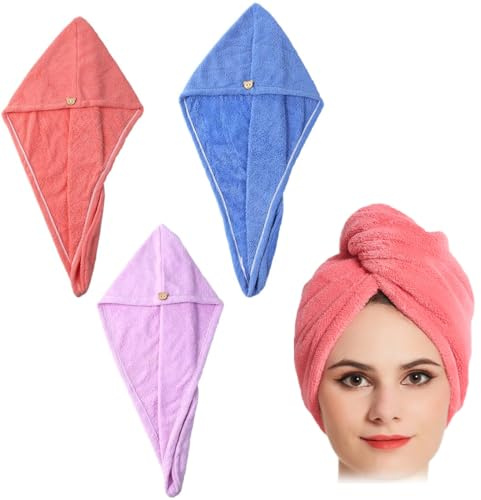 3 Piezas Toallas para Secar El Pelo, Toalla Microfibra Pelo, Gorro de Pelo Seco para Mujeres, Cabello Turbante de Secado rápido Coral Fleece, Superabsorbente para Cabello Largo, Rizado y Grueso