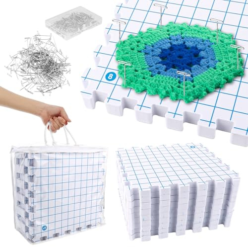 DAJAVE Lot de 9 tapis de serrage à tricoter avec grille - Avec 100 aiguilles en T solides - Pour tricot, crochet et dentelle - Granny Square - Grand