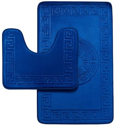 VELVETIO Bath Mat Set 2 Piece Machine Washable for Bathroom, Greek Key Non Slip Quick Dry Shower Rugs & Bathtub Mats, Memory Foam Water Absorbent 100% Polypropylene Toilet Rugs, Royal Blue