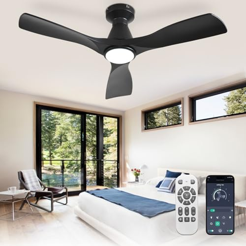 Depuley Ventiladores de techo de 42 pulgadas con luz: ventilador de techo empotrado de 3 aspas negro para dormitorio - Ventilador silencioso regulable para exteriores con control mediante aplicación
