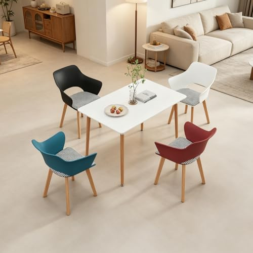 GrandCA HOME Set di Tavolo e Sedie da Pranzo Nordico, Tavolo da Pranzo Rettangolare Moderno, 4 Sedie da Cucina Imbottite in Colori Misti, per Sala da Pranzo, Soggiorno, Cucina (Bianco + WKHR)