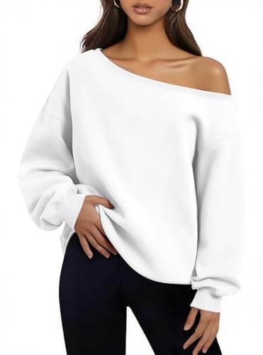 BONITEE Womens Long Sleeve Tops Cute One Shoulder Sweatshirts Spring Casual Hoodies 2026 Off the Shoulder Shirts Pullover Top White,S