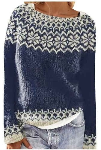 Generisch Pull norvégien pour femme avec motif flocon de neige - Pull en tricot épais de style islandais - Pull d'hiver avec col bateau, L