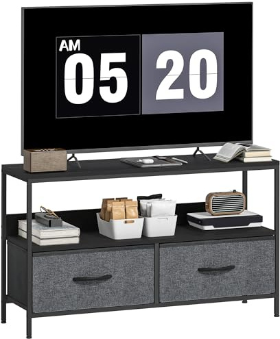 HOMCOM Meuble TV 98 cm, Meuble télé pour téléviseur jusqu'à 47 Pouces avec 1 étagère, 2 tiroirs Pliables et Pieds en Acier, Banc TV pour Salon, Chambre à Coucher, Gris foncé