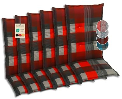 GO-DE Textil Bequeme und attraktive Polsterauflagen für Hochlehner-Gartenstühle (6er-Set, Karo rot, Hochlehner)