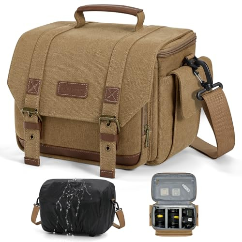 RAINSMORE Vintage kameraslingväska, vattentät kanvas DSLR spegelfri crossbody-väska med 10 mm stötsäker vaddering, regnskydd och stativhållare, fotografering axel- och budbärarväska för män kvinnor