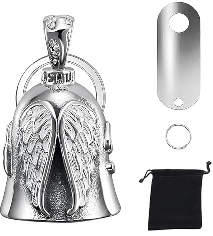 SIXHAOBU Campana de Motocicleta Espíritu Guardián, Guardian Bell campanilla de la suerte con soporte de montaje, 2 llaveros, anillos y bolsa organizadora, llavero para bendecir la paz
