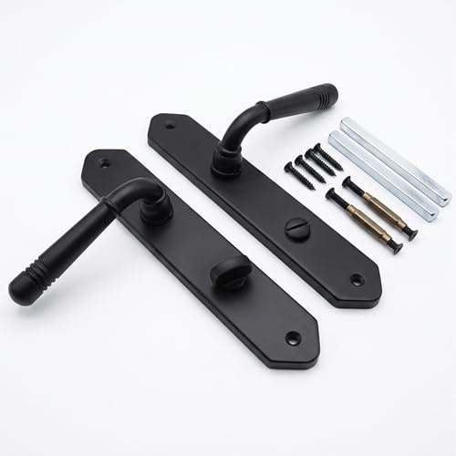 Relaxdays Vintage Interior Door Handle Set, WC & Bathroom Fittings, Long Plate, Matt Black, 23 x 13.5 cm