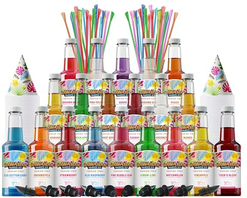 Hawaiian Shaved Ice Party Kit with 20 Syrup Flavors in 16oz. Bottles, 200 Snow Cone Cups, 200 Spoon Straws, and 20 Pouring Spouts. Great for Birthday Parties. Allergy-friendly