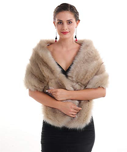 SAFERIN Women's Winter Faux Fake Fur Straight Wedding Halloween Party Custume Accessory Scarf Wrap Collar Shawl Shrug(Wrap-Beige)