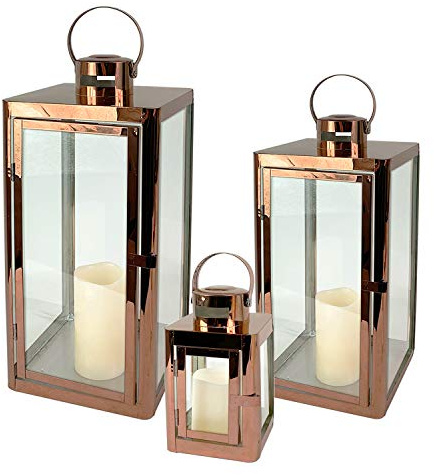 Mojawo Lot de 3 lanternes de jardin de luxe en acier inoxydable or rose/cuivre - Hauteur 22/32/46 cm - Design élégant