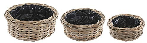 Bliss and Bloom Wicker Planter Indoor/Outdoor SET OF 3 Flower Pot Basket Lined Grey Buff Rattan ROUND
