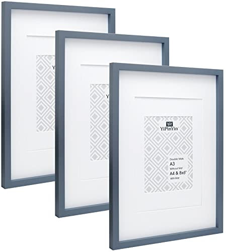 Grey A3 Boxed Picture Frames Set of 3 with Double Mounts for A4 & 6x8 photo, A4 boxed photo frames for 3pack, Grey A3 wooden Poster Frame with Mount for A4 picture Frames
