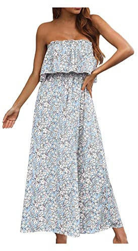 LINYOUY Dam sommarklänning bandeau strandklänningar blommig klänning ärmlös axelfri cocktailklänning bohemisk klänning lång maxiklänningar casual lös fritidsklänning lång klänning, blå, M