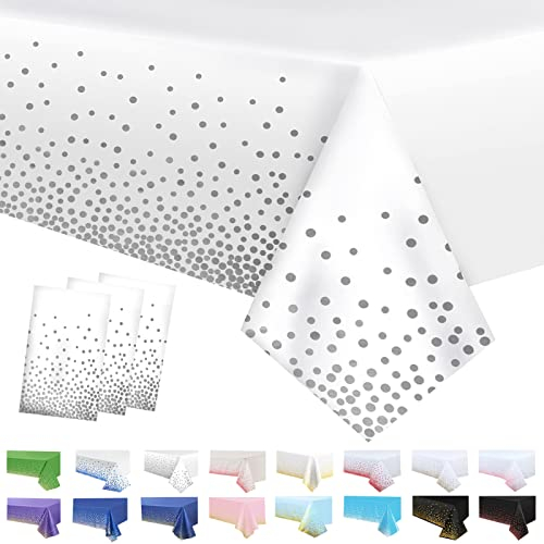 3Pack White and Silver Dot Table Cloth Party Disposable Tablecloths,137x274cm Confetti Table Covers Rectangle Plastic Tablecloth Party for Picnic,Baby Shower,Wedding,Birthday,Christmas Table Decor