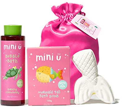 Strawberry Mermaid Gift Set - Bubble Bath & Bath Bomb - Suitable for Kids & Baby from Newborn - Vegan & Cruelty Free