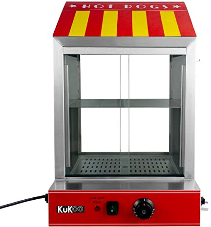 KuKoo Elektrischer Würstchenwärmer Wurstwärmer Hot Dog Wärmer Dampfmaschine Bockwurstwärmer Hotdog Maschine Hot Dog Steamer Edelstahl Hot Dog Stand Rot Wiener Vitrine professionelle Würstchenstand