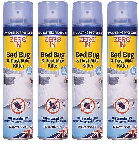 Zero In Bed Bug & Dust Mite Killer – Bed Bug Spray for Mattress, Bed Frames & Furnishings - Fast-Acting Aerosol Surface Treatment for Immediate Results - Prevents Allergies - 300ml Multi Packs X4
