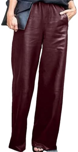 Pantaloni da donna in pelle PU pantaloni a gamba larga oversize casual tinta unita pantaloni, Rosso vinaccia, XXL