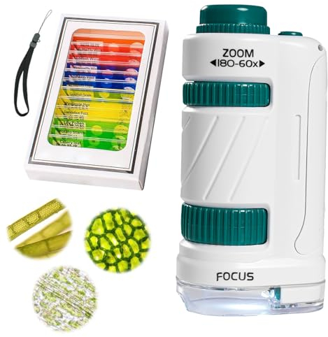 Taschenmikroskop für Kinder,60X-180X Taschenmikroskop mit LED, Tragbares Mikroskop,mit 12 Objektträgern,Mini-Mikroskop für Kinder,für Kinder Studenten Erwachsene Haus Schule Labor