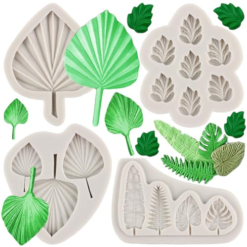 MYPRACS Lot de 4 moules en silicone en forme de feuille d'éventail : feuilles tropicales, feuille de palmier, feuille de monstera, moule à fondant au chocolat pour décoration de gâteau, décoration de