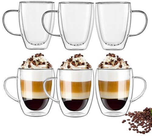 YALYAYA Juego de 6 vasos térmicos para latte macchiato, 450 ml, de doble pared, de vidrio de borosilicato, modernos, capuchino, tazas de café, vasos de té con asa