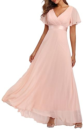 ECDAHICC Kvällsklänning för kvinna, med bälte, V-ringning, hög midja, A-linje, i mousselin, brudtärneklänning, elegant balklänning, rosa, M