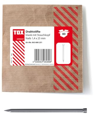 TOX Clavos de alambre 1,4x25 mm con cabeza aplastada para fijaciones casi invisibles en madera, acero desnudo, 80 unidades en un empaque de papel reciclable y resellable, 063600251