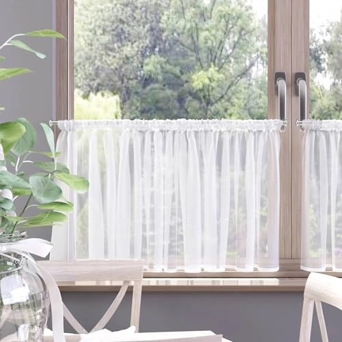 Gardinen Vorhangen Weiß 100x50 cm (BxH) Jaspis Kurz Voile Bistrogardine Scheibengardine Vorhänge Fertiggardine Küchengardine