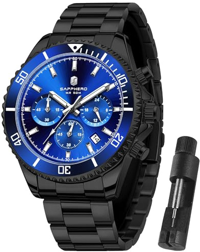 SAPPHERO Uhren Herren Chronograph Analog Quarz 50M Wasserdicht Armbanduhr Herren Mode Lässig Business Herrenuhren mit Kalender Edelstahlarmband Uhr Geschenk für Männer