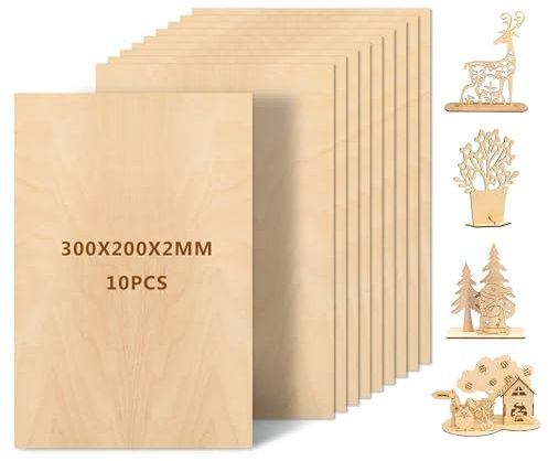 Leseed 10 Pièces Contreplaqué 2mm, Planche Bois Brut Tilleul 300 x 200mm pour DIY, Peinture, Pyrogravure, Découpe Laser, Modélisme et Autres Loisirs Créatifs, Panneau en Bois pour Débutants