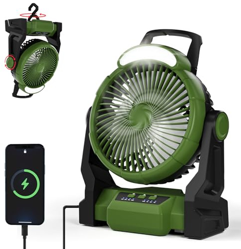GuKKK 15000mAh Ventilatore da Campeggio con Luce LED, 3 Velocità Ventilatore Portatile con Gancio,Timer, Ventilatore Ricaricabile con Rotazione 270°, Ventola USB per Casa Esterno Campeggio Tende
