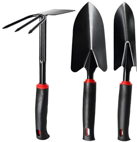 Gartengeräte 3-teilig mit rutschfestem Griff – Professionelles Set aus Edelstahl zum Bepflanzen, Ausgraben und Hacken (Kehrschaufel, Pflanzkelle, Doppelhacke)