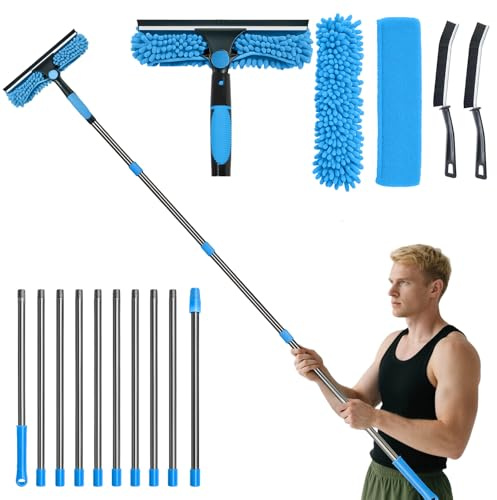 Orifesio 4,3 M Limpiacristales con Mango Extensible, Limpiador de Ventanas con 10 Palo, 2 Cepillo para Limpiar Juntas y 3 Paños de Microfibra, Kit Limpiacristales para Puerta de Ducha, Azul