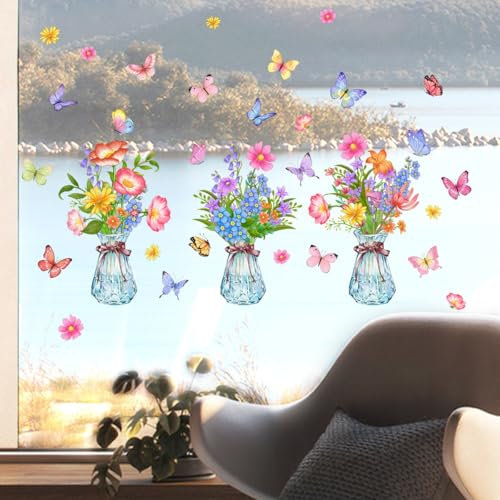 3 Sheets Flower Spring Summer Window Stickers for Glass Double-Side Window Clings Reusbale Summer Dragonflies and Butterfly Spring Decorations