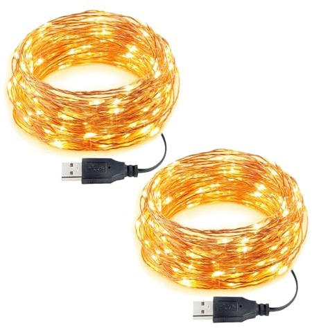 Smavolt Lot de 2 Guirlande Lumineuse avec USB, 2x 5m 50 LED Petite Fairy Lights en Fil de Cuivre, IP65 Étanche Guirlande LED pour Décoration Vase Chambre Noël Maison Halloween Blanc Chaud