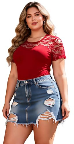 ohmydear Women's Bodysuits Plus Size Lace Patchwork Short Sleeve Leotard Tops Ladies Crew Neck Going Out Thong Body Suits S-2XL