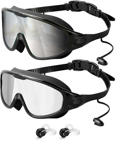 Victoper Wide View Swimming Goggles Adult, 2 Pack Anti-Fog Anti-UV Swim Goggles for Men & Women, Leak-Proof Clear Vision with Ear&Nose Plug for Pool & Open Water