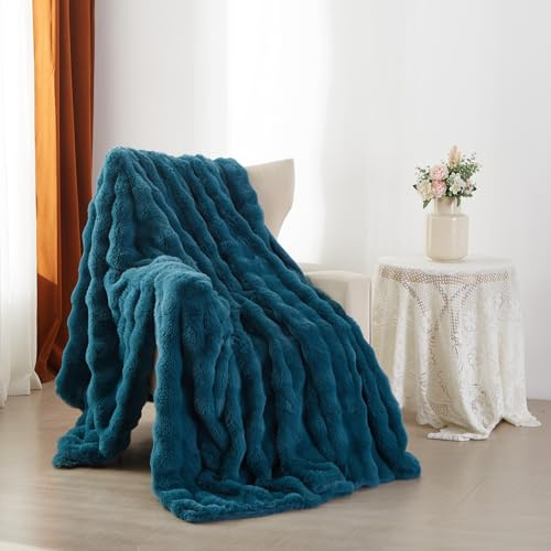 YASMENG Manta de felpa mullida para invierno, cálida, color azul petróleo, de pelo largo, 180 x 200 cm, muy suave, mullida, mullida, gruesa, de conejo de piel sintética, para cama, sofá, dormitorio