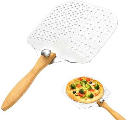 Yumzxin 12 Aluminum Pizza Peel - Perforated Non-Stick Pizza Paddle with Foldable Wooden Handle for Outdoor Ovens & Artisan Breads