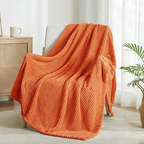 Exclusivo Mezcla stor våffla fleece filt för soffa, bränd orange | Lätt mjuk filt för soffa, säng, vardagsrum, plysch fluffigt överkast för heminredning, resor, hela säsongen, 127 x 178 cm