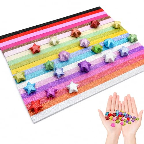 Tiras de Papel para Origami con Estrellas Coloridas 360 Hojas en 18 Colores con Purpurina Tamaño 1x25cm para Manualidades Creativas y Decoración DIY Rosa Morado Amarillo Azul Verde