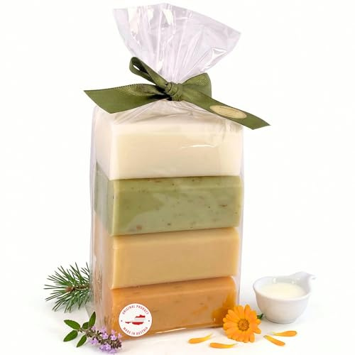 Set di 4 saponi al latte di pecora, 4 x 100 g, classico, verbena, cemro, calendula, sapone naturale con lanolina e oli vegetali, prodotto in Austria, sapone cremoso e delicato