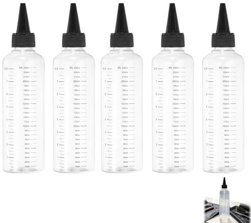 NUOM Lot de 5 Flacons Applicateurs Noirs 250 ML, Bouteilles Souples en Pet et PP avec Bouchon Anti-Fuite, pour Coloration Cheveux, Huiles, Savon Liquide, Mélanges et Usage Salon ou Voyage