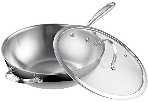 Cooks Standard Wok Pan Stainless Steel, 12-Inch Multi-Ply Clad Stir Fry Pan with Glass Lid, Induction Cookware, Silver