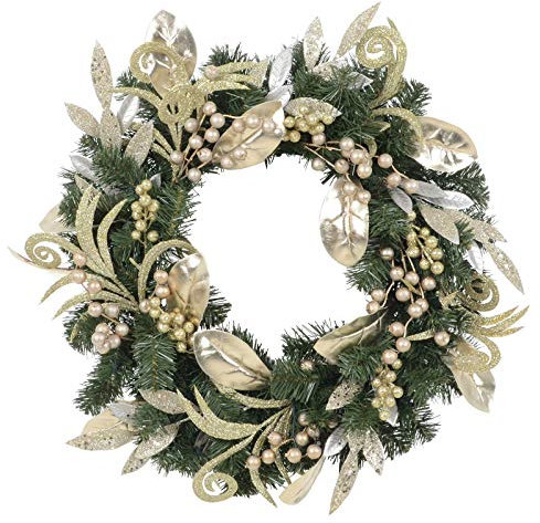 60cm Pre-Lit Christmas Wreath Gold Silver Leaves Berries Pine Foliage Indoor Outdoor Battery Operated